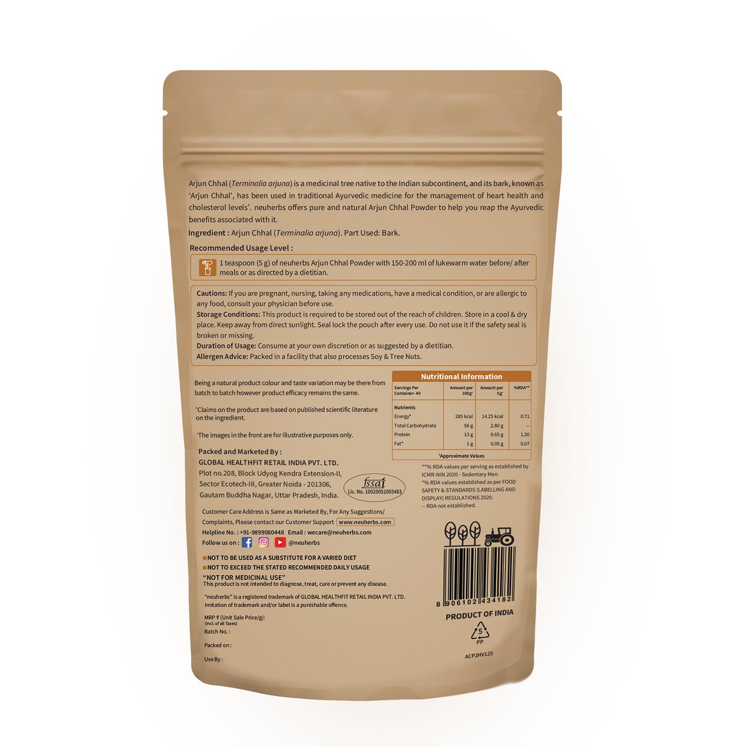 Neuherbs Arjun Chhal Powder - 200g | Arjun Ki Chaal Powder For Men & Women | Supports Heart Health & Promote Good Cholesterol | Rich In Antioxidants | 100% Pure & Natural