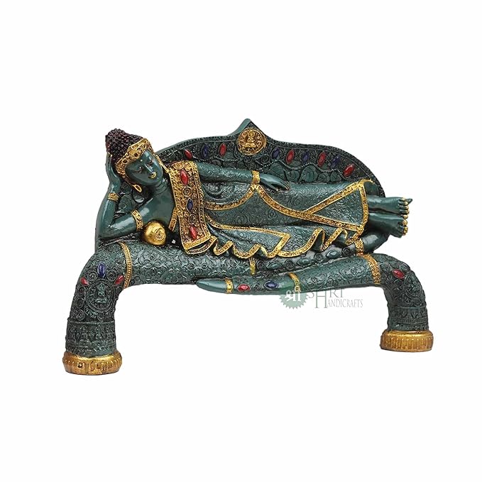 Indicast 15" Inch Handmade Buddha Sleeping Murti Stone Finish Meditating Idol Gifts Antique Design | Green