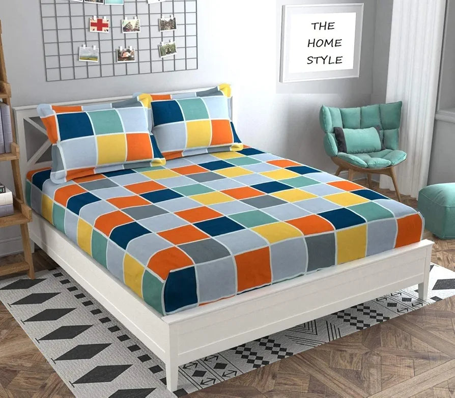The Home Style Cotton Feel Glace Cotton Elastic Fitted Printed Double Bed King Size Bedsheet with 2 Pillow Cover Vibrant Checks