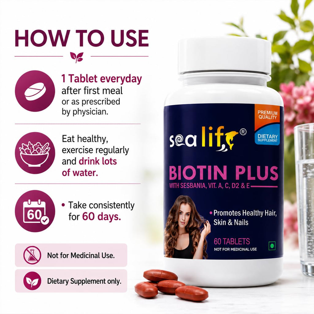 Sea Life Biotin Plus Tablets Prevent Hair Loss and Promotes Healthy Hair Growth | Glowing Skin And Longer Nails with Multivitamins & Sesbania Extract (60 Tablets Each) For Men and Women (Pack of-1)
