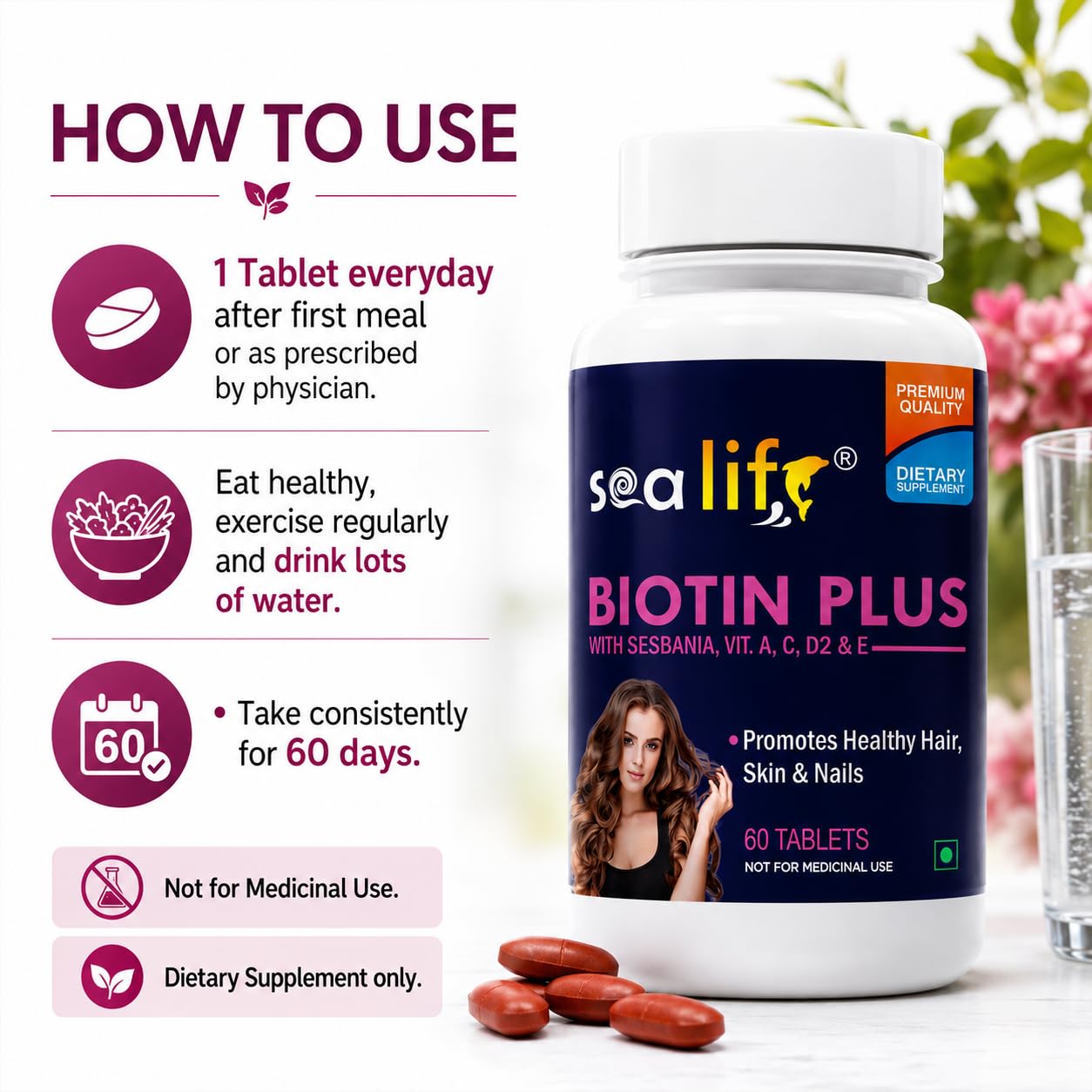 Sea Life Biotin Plus Tablets Prevent Hair Loss and Promotes Healthy Hair Growth | Glowing Skin And Longer Nails with Multivitamins & Sesbania Extract (60 Tablets Each) For Men and Women (Pack of-1)