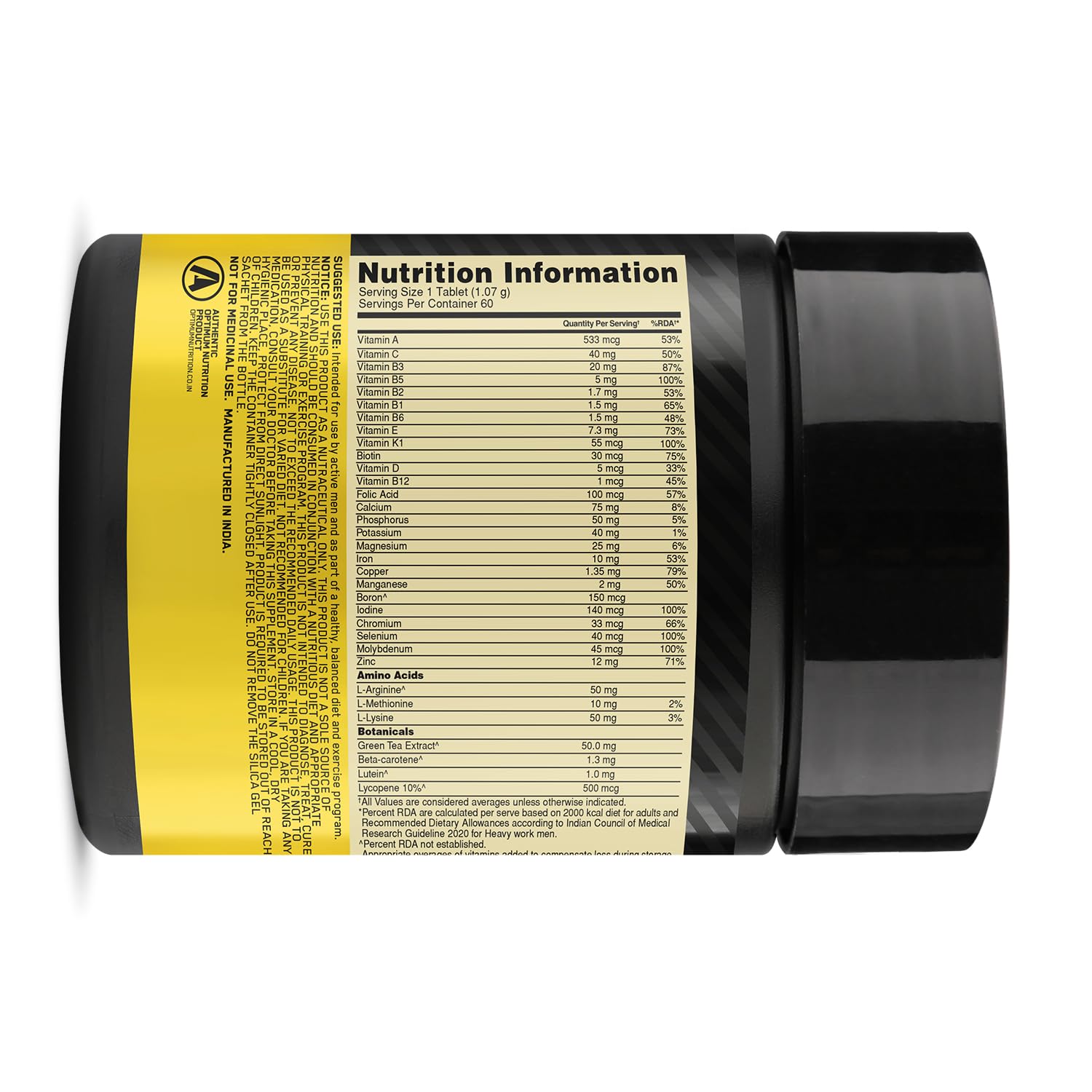 Optimum Nutrition (ON) Multivitamin for MENâ€“ 60 Tablets, 26 Vitamins & Minerals, Amino Acids & Anti-Oxidants (Green Tea Extract, Beta Carotene, Lutein, Lycopene). Vegetarian.
