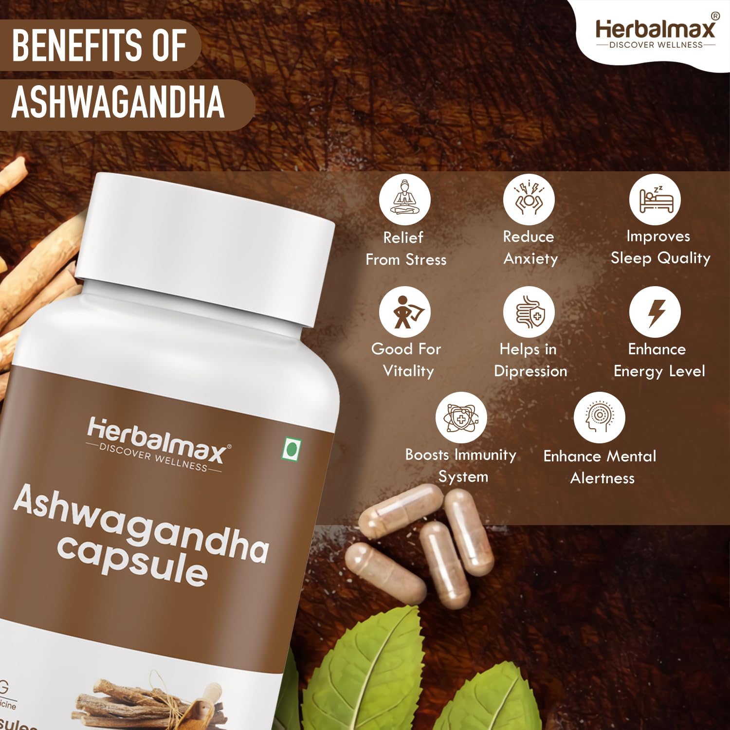 Herbal Max Ashwagandha General Wellness Capsules â€“ 30 Veg Capsules 800mg | Ayurvedic Supplement for Stress Relief, Performance, Immunity & Energy