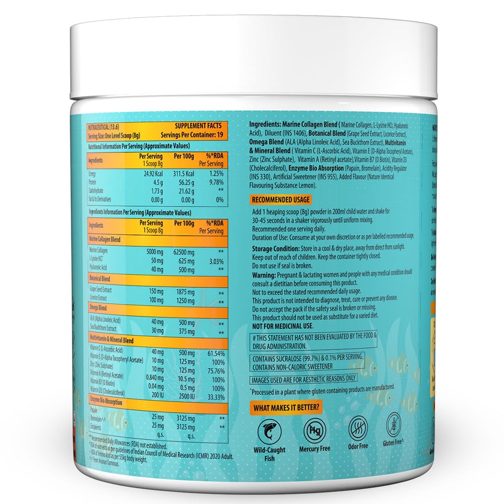 NATURYZ Marine Collagen Skin X5 for Women & Men | Premium Collagen Peptides | Power of 5 Blends | Hyaluronic acid, Biotin & Vitamin E | Supports Skin Radiance, Healthy Hair, Nails, Bone & Joints â€“ 150g(Lemon Flavour)
