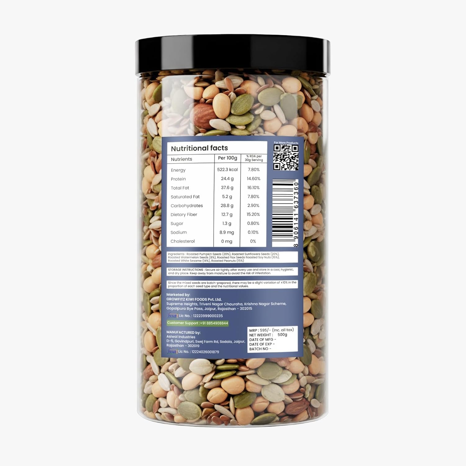 Growfitz Premium Harvest 7-in-1 Seed Mix, 500 Gram | High Protein 24.4g & Fiber | Roasted Pumpkin, Sunflower, Watermelon, Flax, Soy Nuts, Peanuts & White Sesame | Export Quality Superfood