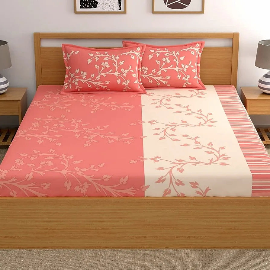 Dreamscape Cotton Floral King Fitted Bedsheet with 2 Pillow Covers Peach Bougainvillea
