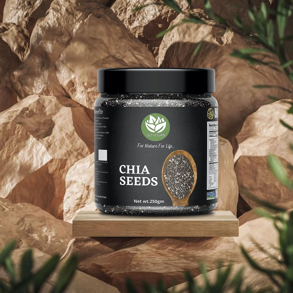 Go Vegan Raw Chia Seeds - 250 Gram Jar Pack | Omega 3 and Fibe Seeds for Weight Management | Rich in Calcium, Protein & Fibre