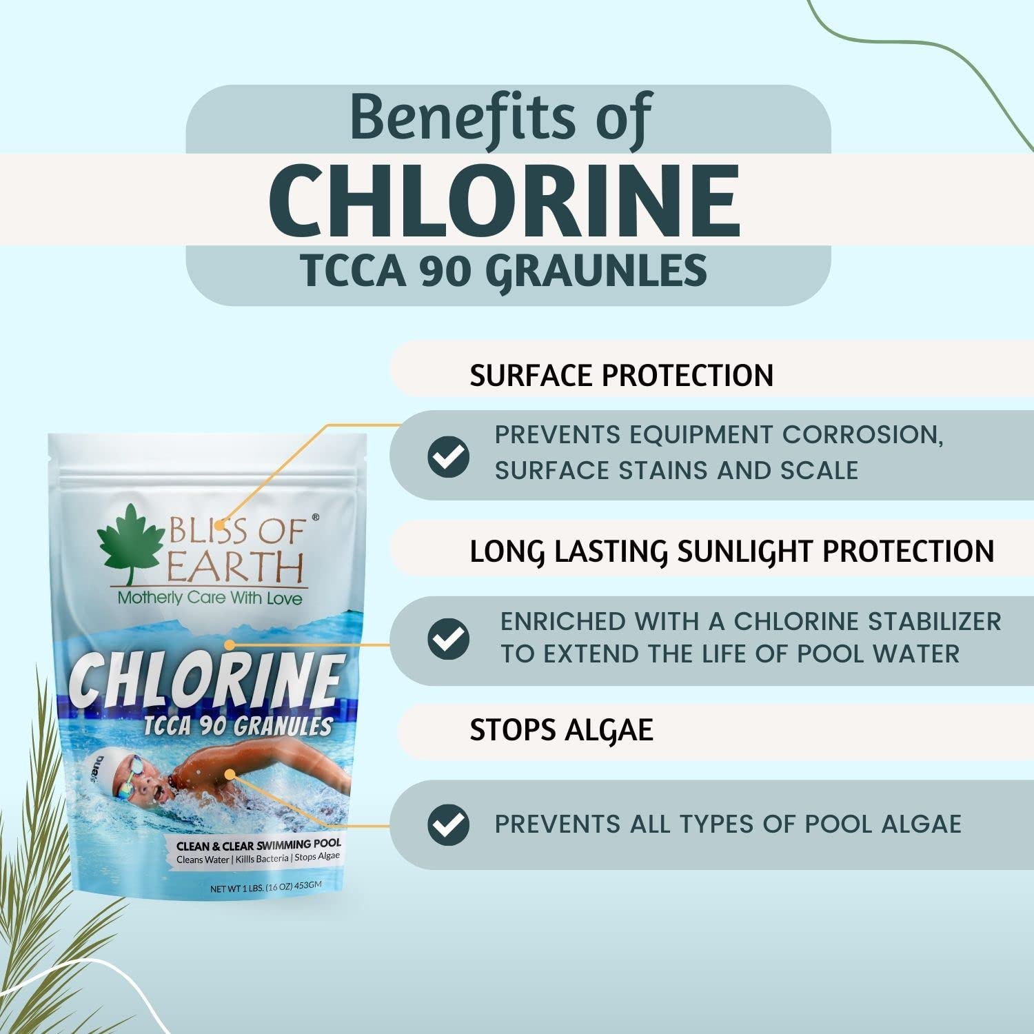 Bliss of Earth Japanese Chlorine Powder for Pool, Clean & Clear Swimming Pool, Kills Bacteria & Stops Algae, Pool Disinfectant Granular Chlorine, 907g