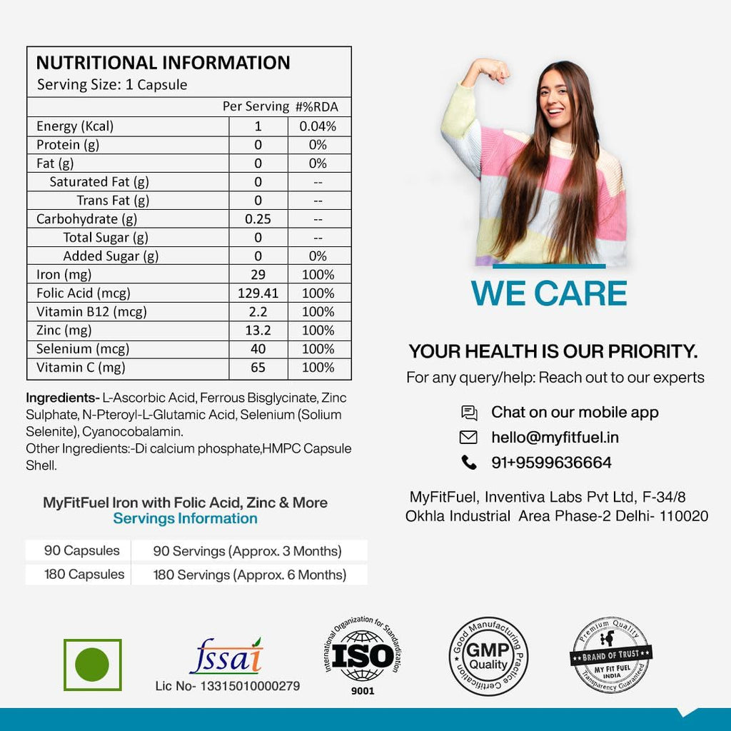 MyFitFuel Iron (3 Months) + Folic Acid, Zinc, Vitamin C & B12 Supplement For Hemoglobin, Immunity & Energy, (90 Capsules)