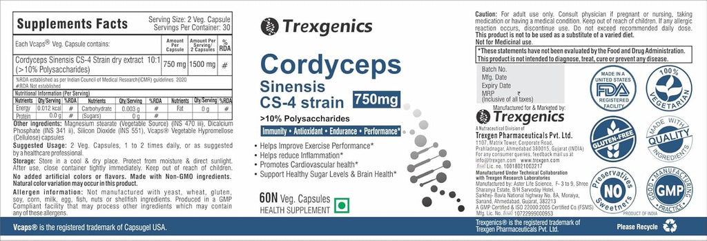 Trexgenics CORDYCEPS 10% Polysaccharides 750 mg Immunity, Cardiovascular, Exercise performance VEGAN & NON-GMO (60 Veg. Capsules) (Pack of 1)