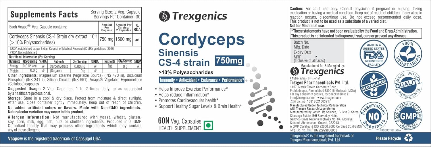 Trexgenics CORDYCEPS 10% Polysaccharides 750 mg Immunity, Cardiovascular, Exercise performance VEGAN & NON-GMO (60 Veg. Capsules) (Pack of 1)
