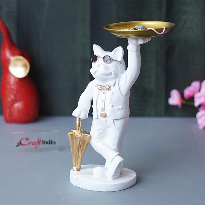 Ecraftindia White Bulldog Statue in Glasses Holding Golden Umbrella and Tray in Hands Table Top Decorative Showpiece