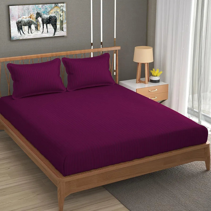 Homefab India 160 TC Stripe Glace Cotton Double BedSheet with 2 Pillow Covers Dark Pink