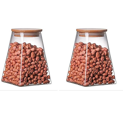Femora Kitchen Storage Jars Borosilicate Glass Jars for Kitchen With Wooden Lid Air Tight Jar | 900 Ml | Pack of 2