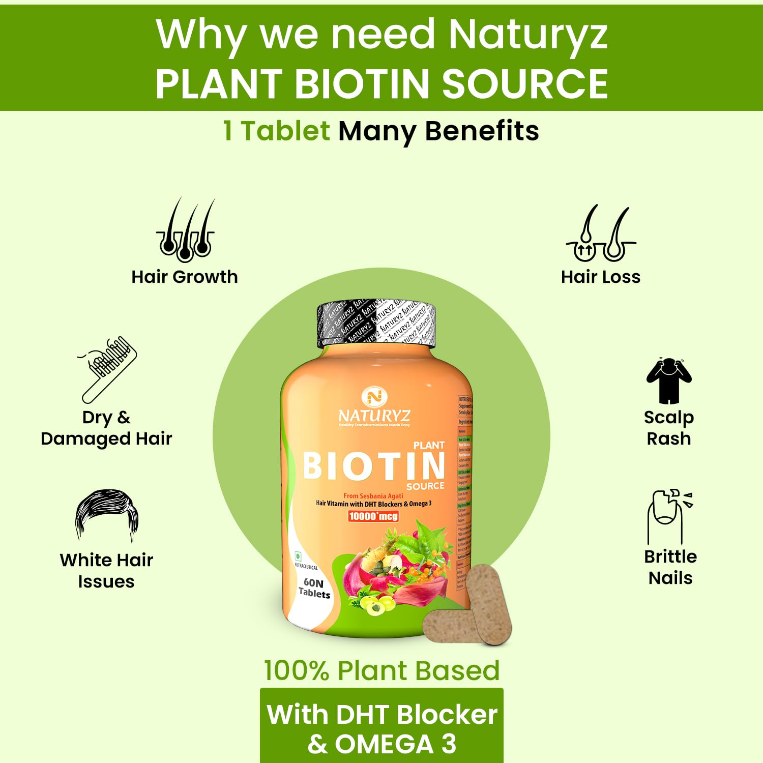 NATURYZ 100% Plant Based Biotin Tablets with High Protein Vitamin DHT Omega 3 for Strong Hairs,Nails Growth & Glowing Skin - 60 Tablets, 100 grams