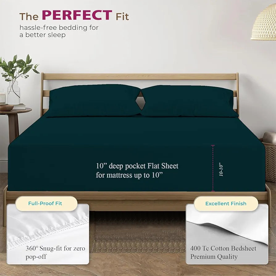 Trance Home Linen 100% Cotton 78x72 inch King Elastic Fitted Bedsheet 400 Thread Count Premium Bedsheet with 2 Pillow Covers Colour Teal