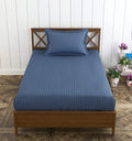Trance Home Linen 100% Cotton 78x36 inch Single Fitted 200TC Satin Stripe Elastic Fitted Bedsheet with 1 Pillow Covers Colour Mediterranean Blue