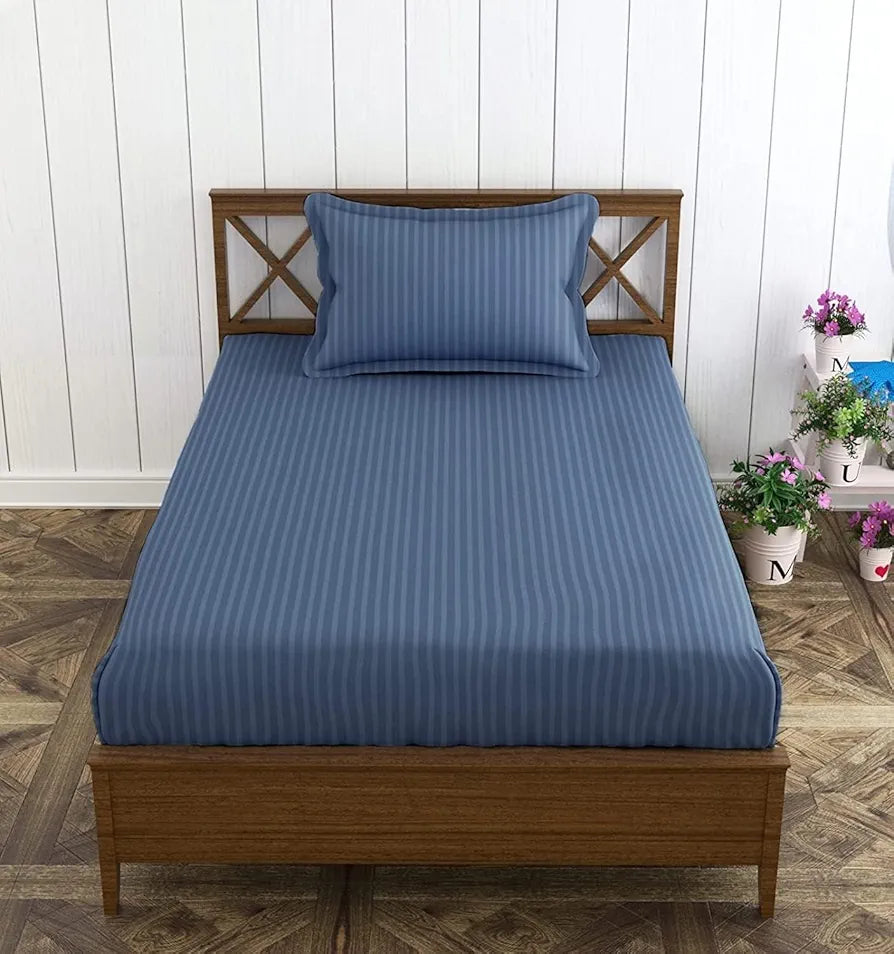 Trance Home Linen 100% Cotton 78x36 inch Single Fitted 200TC Satin Stripe Elastic Fitted Bedsheet with 1 Pillow Covers Colour Mediterranean Blue