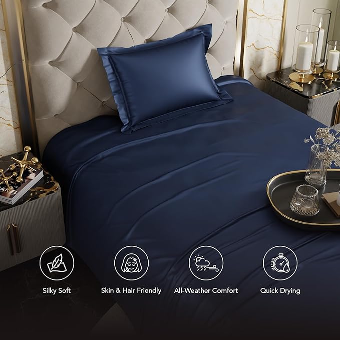 Stoa Paris Satin Bedsheets for Single Bed 300TC Premium Bedsheet with 1 Pillow Cover Colour Mystique Blue