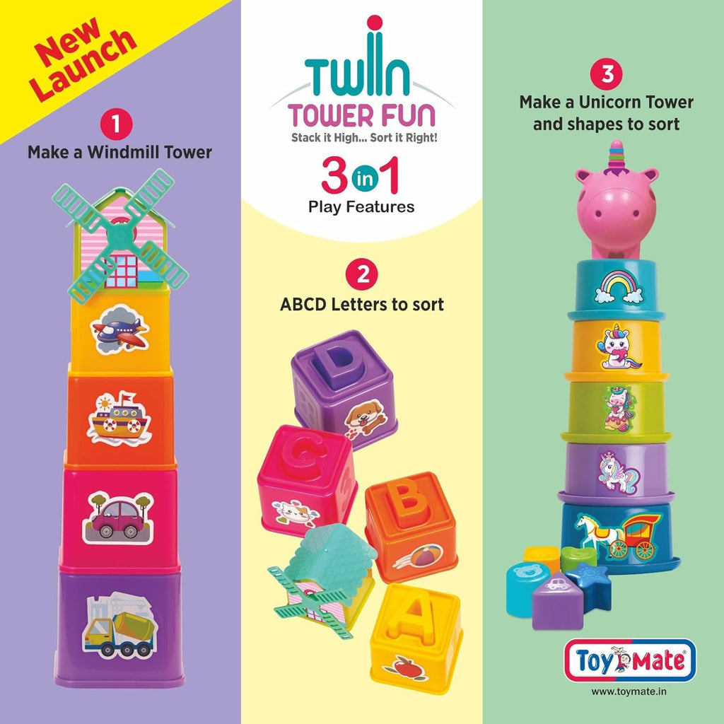 Toymate Twin Tower Fun 3-in-1 Stacking & Sorting Toy for Toddlers