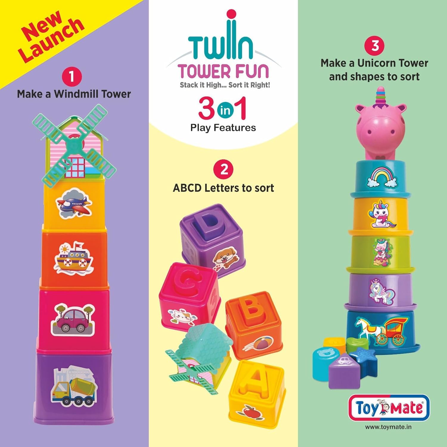 Toymate Twin Tower Fun 3-in-1 Stacking & Sorting Toy for Toddlers