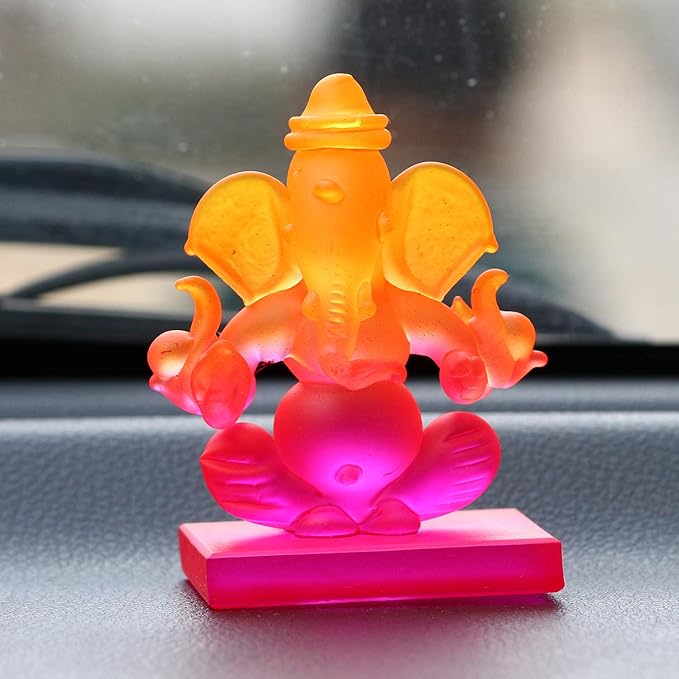 Ecraftindia Pink and Orange Double Sided Crystal Car Ganesha Showpiece