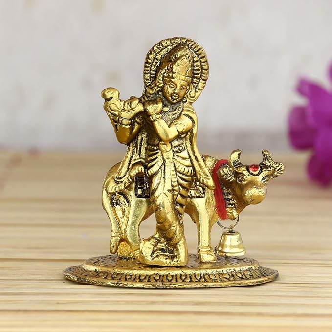 Ecraftindia  Lord Krishna Playing Flute With Golden Cow Showpiece | Metal | Golden