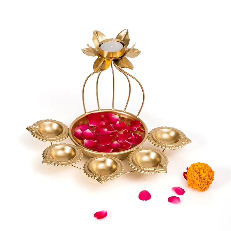 Metal Lotus Tealight Candle Holder with Base of Urli Bowl and Diya Gold