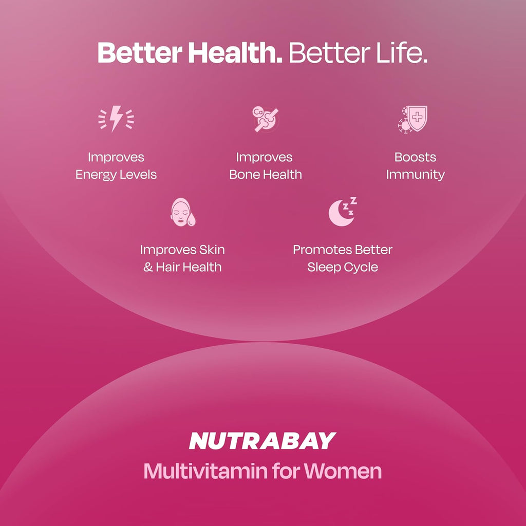 Nutrabay Pro Active Multivitamin for Women â€“ Effective Doses of Iron, Vitamin A, B5, B6, C, D, E & K and Minerals â€“ Immunity, Hair, Skin & Bone Support â€“ 60 Tablets | 100% RDA Dosage | Purity Tested
