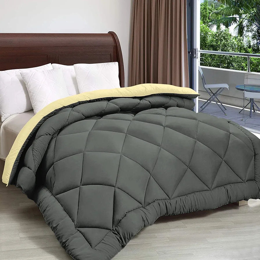 Cloth Fusion Reversible AC Comforter Single Bed Soft Microfibre Quilt Blanket for Winter Yellow & Grey