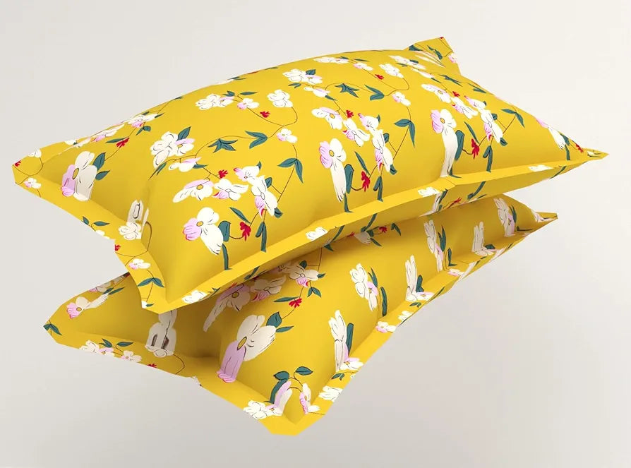 Homekart Premium Cotton Elastic Fitted Bedsheets with 2 King Size Pillow Covers Double Bed Flower Print Yellow and Green 200 tc - 220 tc