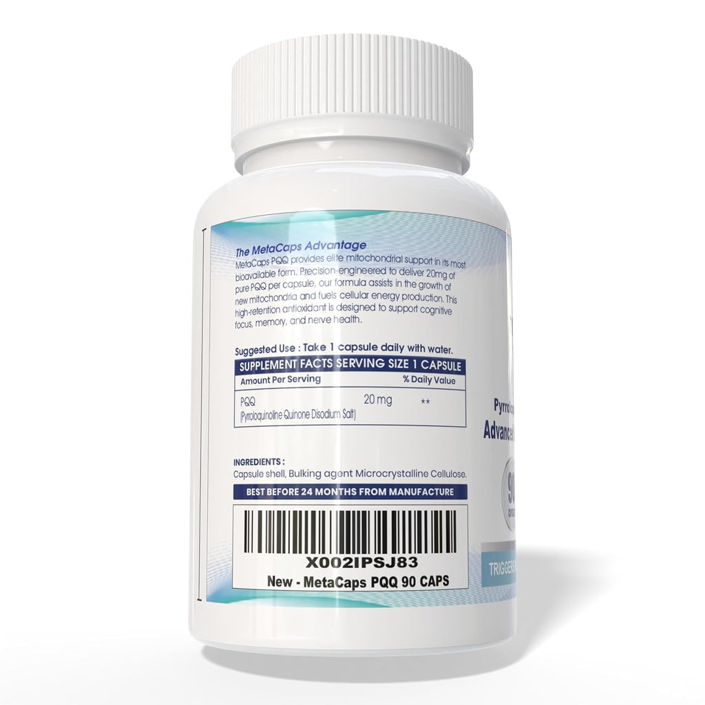 MetaCaps PQQ 20mg â€“ 90 Veg Capsules | Ultra-Potent Mitochondrial Support & Brain Health Supplement | Enhances Energy, Focus & Cognitive Function | Advanced Antioxidant for Longevity | Non-GMO & Vegan