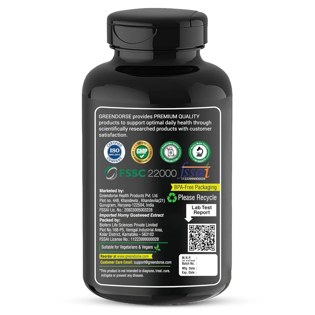 GREENDORSE Horny Goatweed (Epimedium) Extract Capsule | High Potency 10% Icariin by HPLC | For better Circulation, Strength, Stamina, Performance & Energy - 30 Veg Capsules