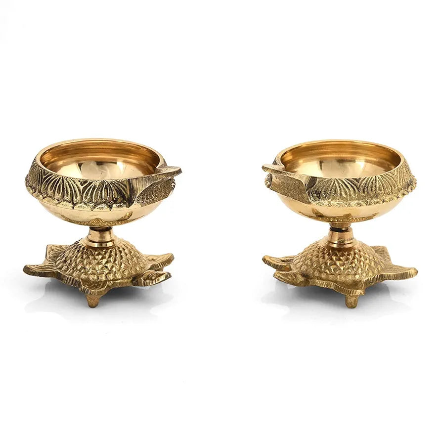 Collectible India Brass Diya Oil Puja Lamp Engraved Design Dia with Turtle Base