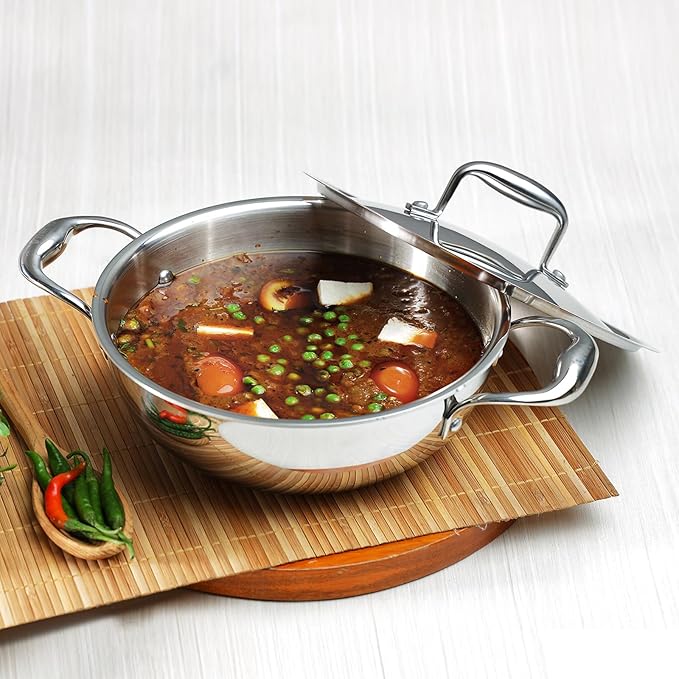 Vinod Platinum Triply Stainless Steel Kadai | 3.2 Litre | 24cm | 2.5mm Thick Extra Deep Kadhai With Lid for Cooking