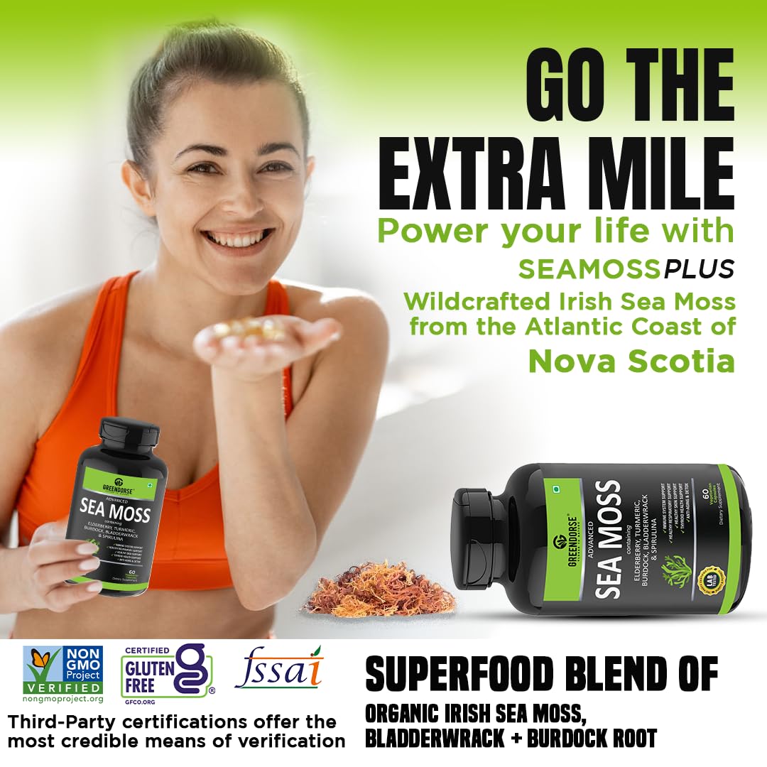 GREENDORSE Irish Sea Moss Vitality Capsules 7 In1 Formula-Gut Cleanse,Immunity,Joint & Thyroid Support-With Spirulina,Turmeric,Bladderwrack,Burdock|Superfood High In 90+ Minerals-60 Veg Capsules