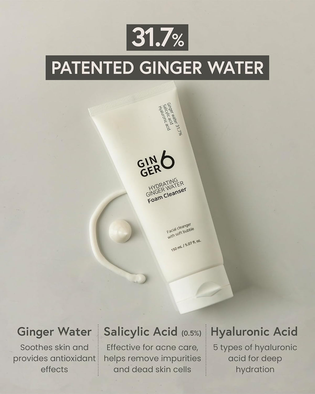 GINGER6 Hydrating Foam Cleanser 150ml | 31.7% Ginger Water| Salicylic Acid Face Wash for Acne Care| 5 Hyaluronic Acid Hydration| Deep Clean & Calming Korean Skincare | Non-Comedogenic & Hypoallergenic