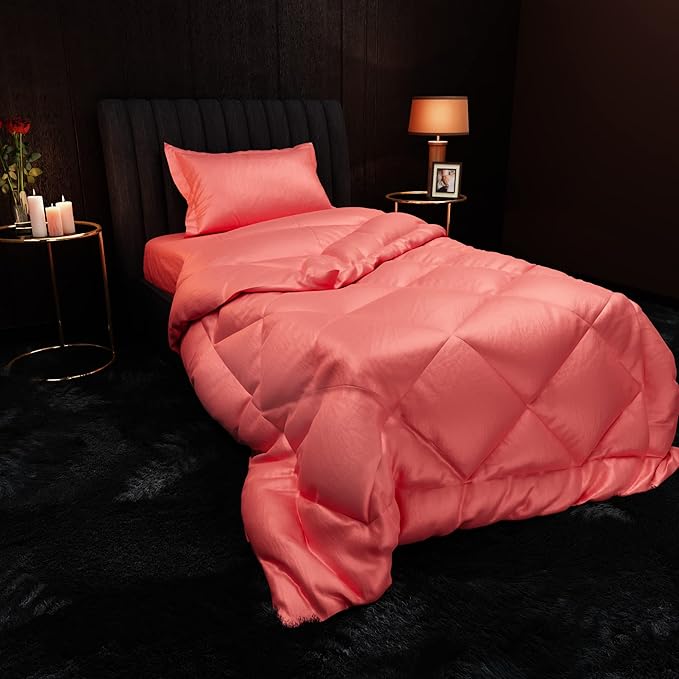 Stoa Paris Satin Comforter for Single Size Bed 300 TC One Pillow Cover Colour Scarlet