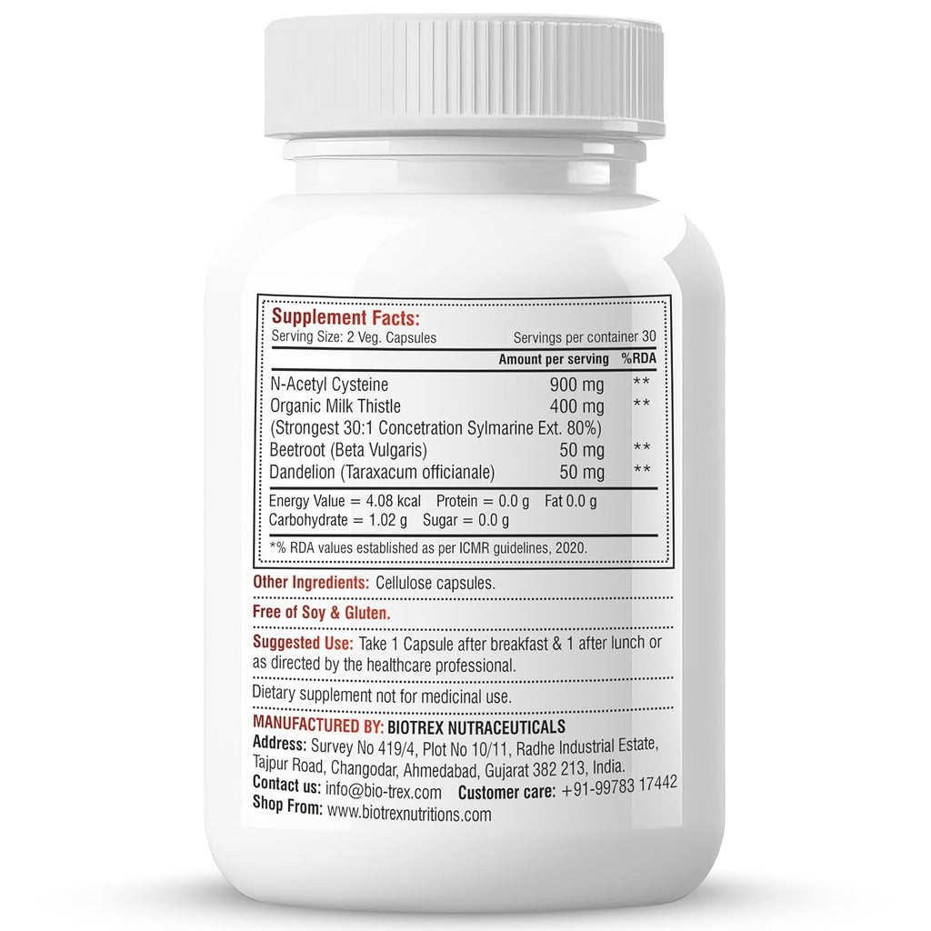 Biotrex Nutraceuticals Liver Detox 1400mg | Milk Thistle (85% Silymarin) with N Acetyl Cysteine | Hepatoprotective | Supports Fatty Liver Protection | Metabolic Balance | Natural Formula - 60 Veg Capsules