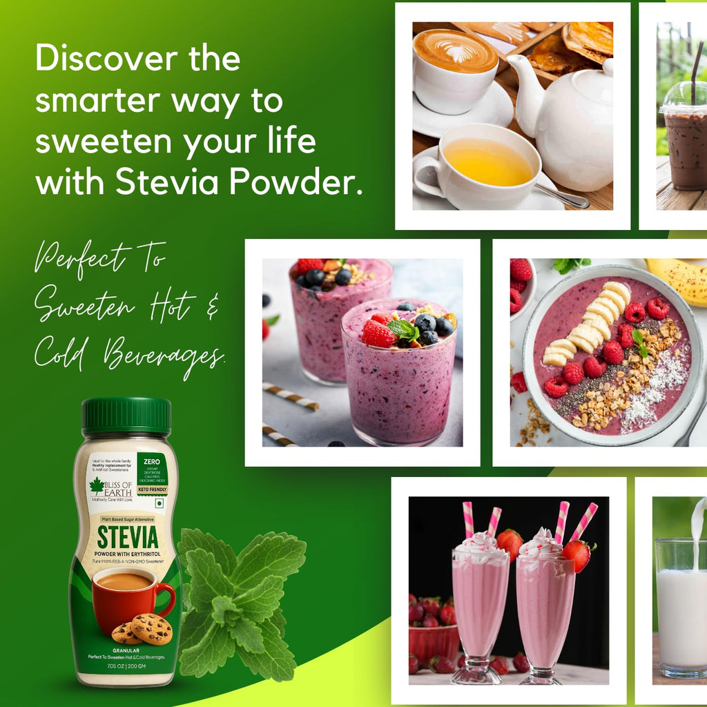 Bliss of Earth Stevia Powder, Organic Sugar Free Zero Calorie Sweetener Diabetic and Keto Friendly 99.8% Purity Vegetarian Gluten Free Quick Dissolve (200 gm (Pack of 1))