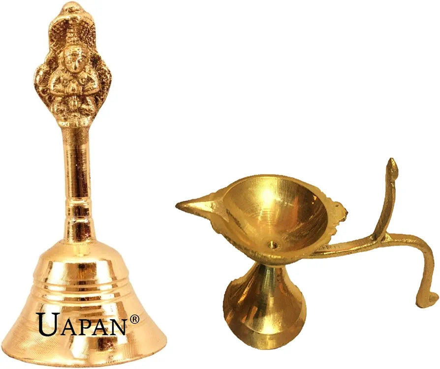 Uapan Brass Pooja Bell with Diya Nagpari 4Inch, Diya_1.7Inch