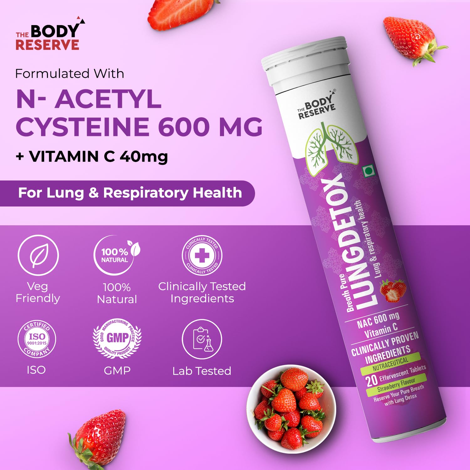 The Body Reserve Lung Detox 20 Effervescent Tablets With N-Acetylcysteine 600mg and Vitamin C | Cleaner Lungs Detoxification and Immune Defence Strawberry Flavour (Pack Of 1)