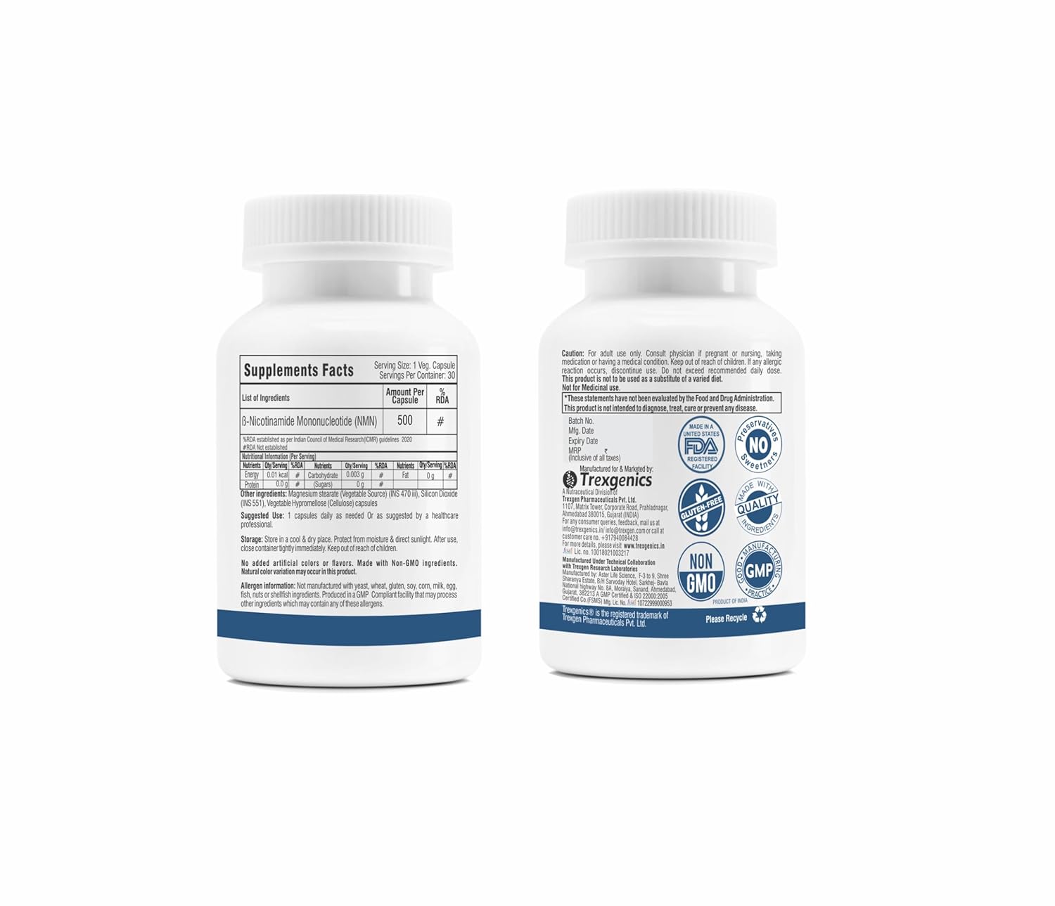 Trexgenics NICOTINAMIDE MONONUCLEOTIDE (NMN) 500 mg ULTRA PURE NAD+ Booster Energy, Muscle Endurance, Cardiovascular Health (30 Veg. caps) (Pack of 1)