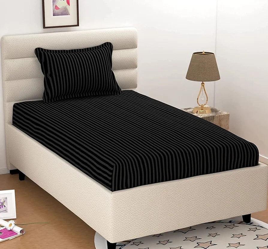 Purav Light Microfiber Flat Single Bed Bedsheet Plain Striped Cotton Bedsheet with 1 Pillow Cover for Queen Size Bed 340 TC Breathable Black color