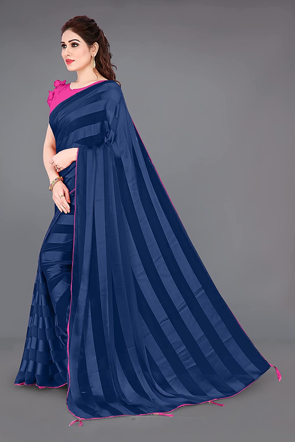 Mirchi Fashion Women'S Georgette Shiny Satin Stripes Laining Pattern Saree