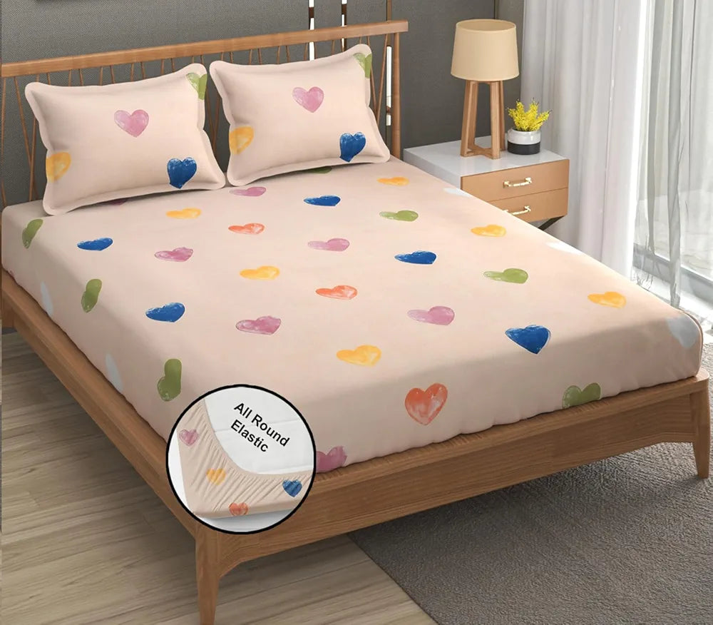 Fresh From Loom Floral Print 240 TC King Size Fitted Bedsheet Set 2 Pillow Covers Heart-Brown