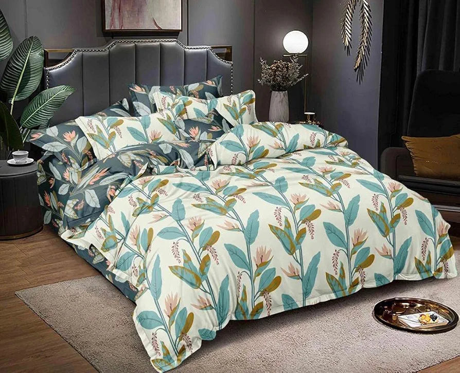 The Home Style Cotton Feel Glace Cotton All Around Elastic Fitted Printed King Size Double Bed Bedsheet With 2 Pillow Cover 300 TC Persian Green