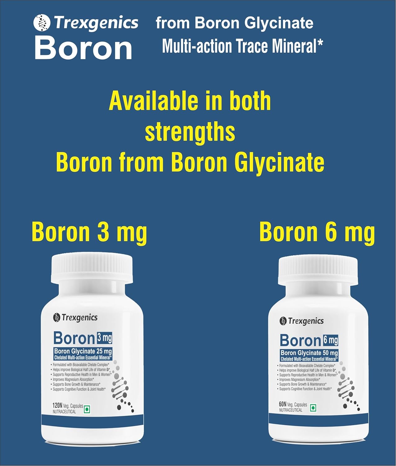 Trexgenics Boron 3 mg from Boron Glycinate 25 mg Multi-action Mineral, Bone, Cognitive Function & Joint Health (120 Veg Capsules)