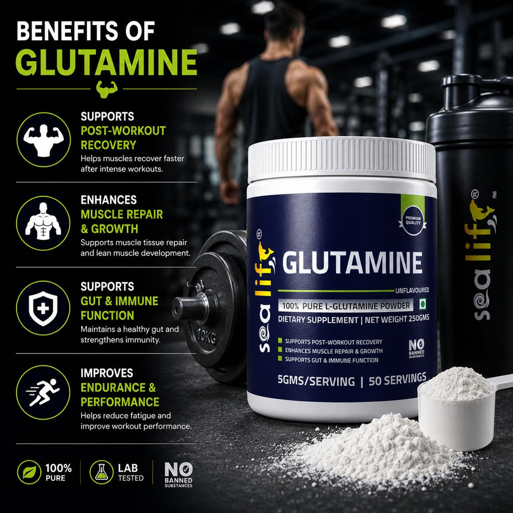 Sea Life 100% Pure L-Glutamine | Glutamine Powder, Amino Acid | Post Workout Supplement for Muscle Growth & Recovery - 250g, Unflavoured (50 Servings) For Men & Women. Pack of-1