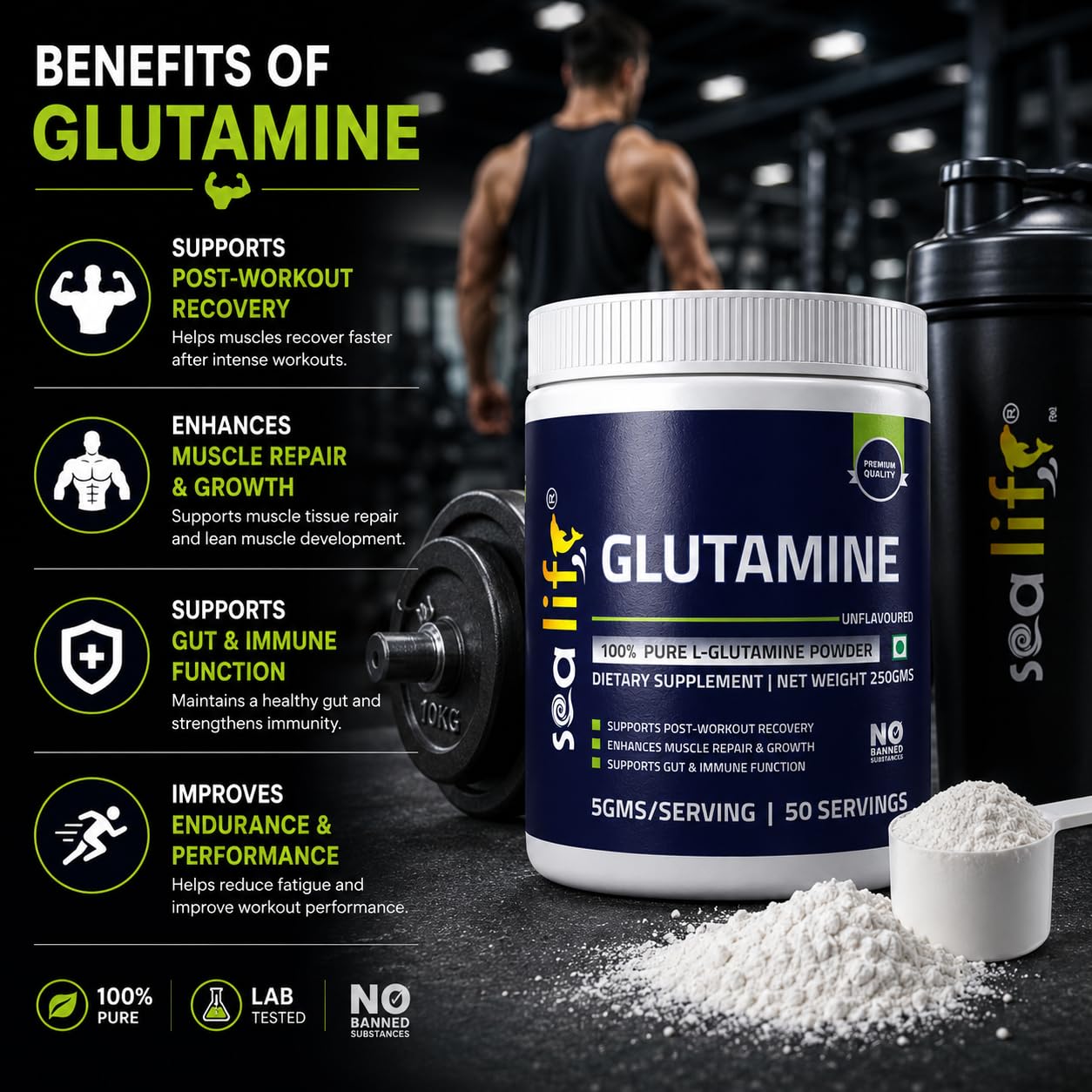 Sea Life 100% Pure L-Glutamine | Glutamine Powder, Amino Acid | Post Workout Supplement for Muscle Growth & Recovery - 250g, Unflavoured (50 Servings) For Men & Women. Pack of-1